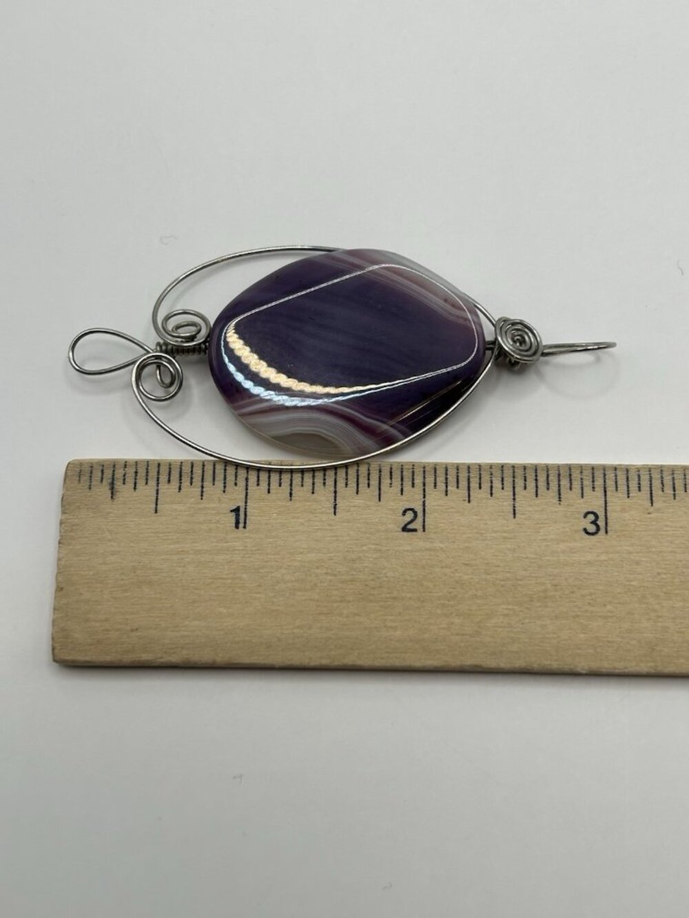 Purple Agate Pendant Handmade Wire Wrapped Teardrop Stone Jewelry Silver Tone - Picture 6 of 8